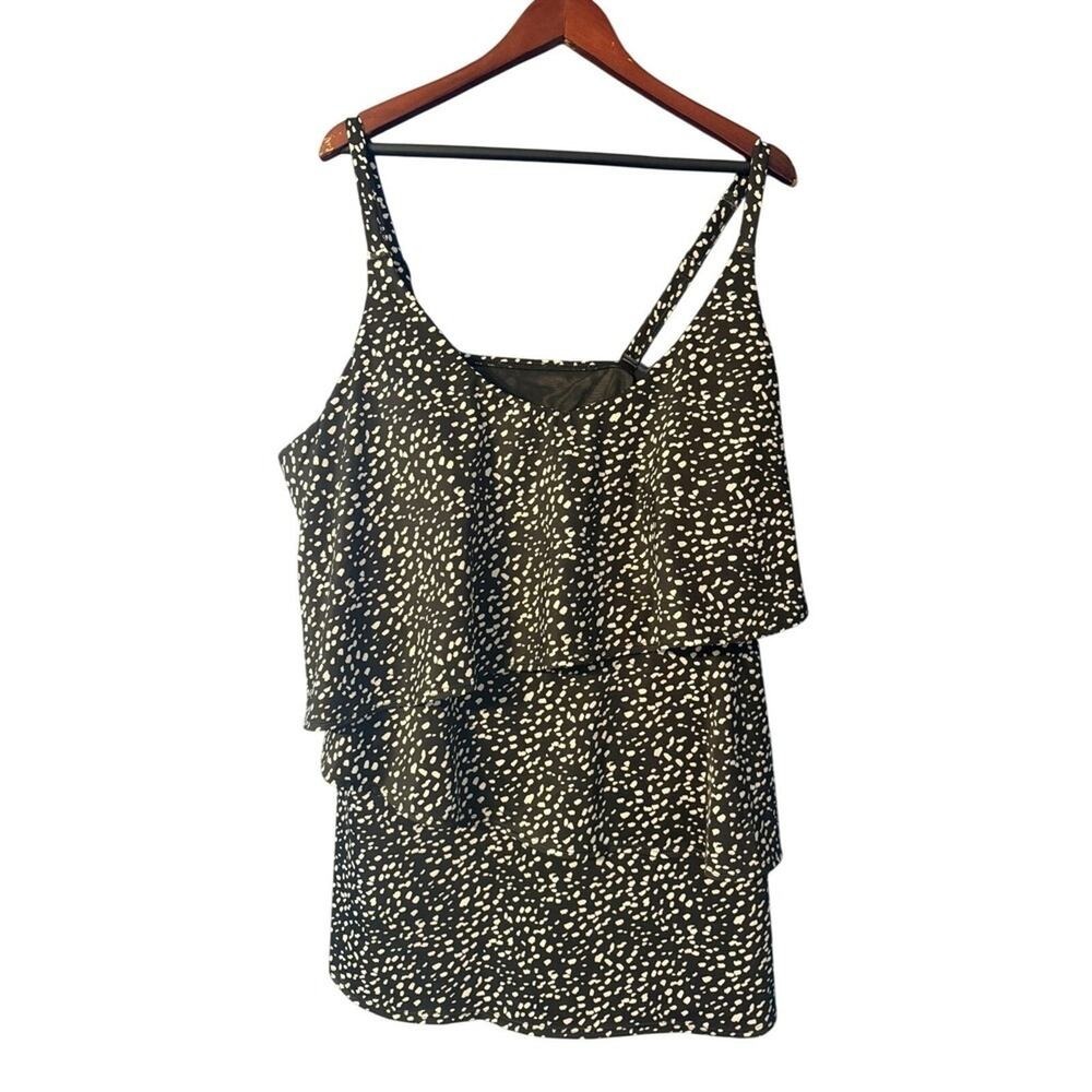 Swim by Cacique Tankini Tank Womens 28 Black Padded Polka Dot Ruffle Lined